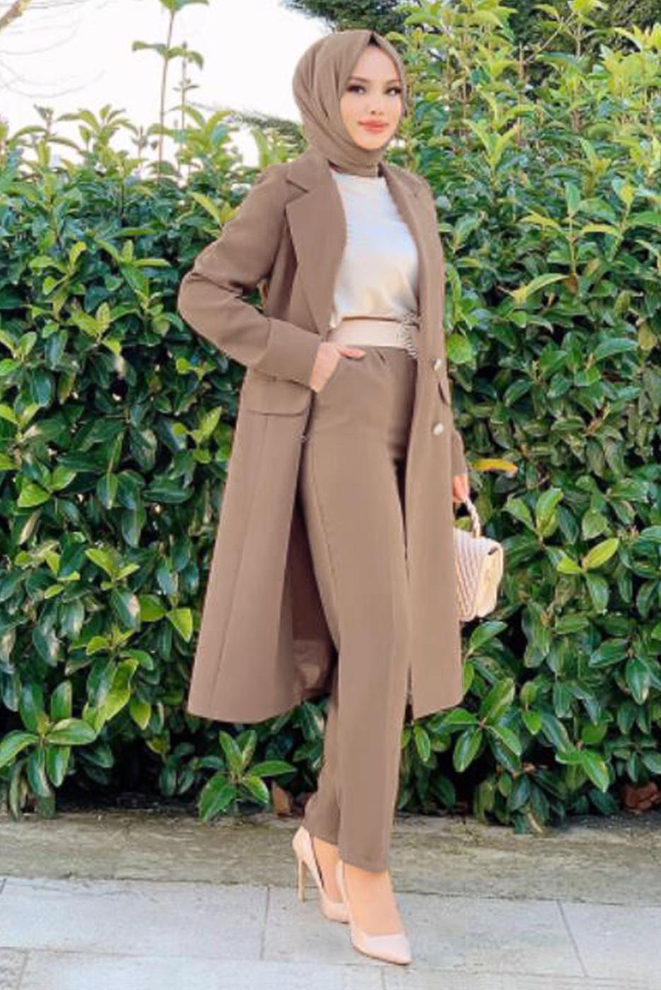 Tesettür giyim VİZON DÜĞMELİ CEPLİ PANTOLONLU TAKIM T 7538