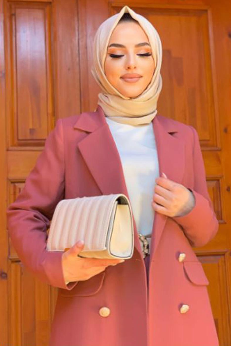 Tesettür giyim PEMBE DÜĞMELİ CEPLİ PANTOLONLU TAKIM T 7538