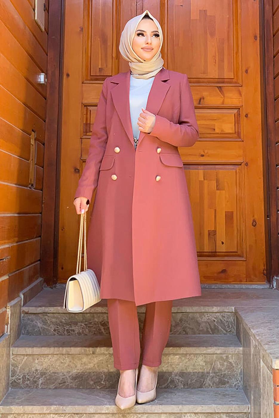 Tesettür giyim PEMBE DÜĞMELİ CEPLİ PANTOLONLU TAKIM T 7538