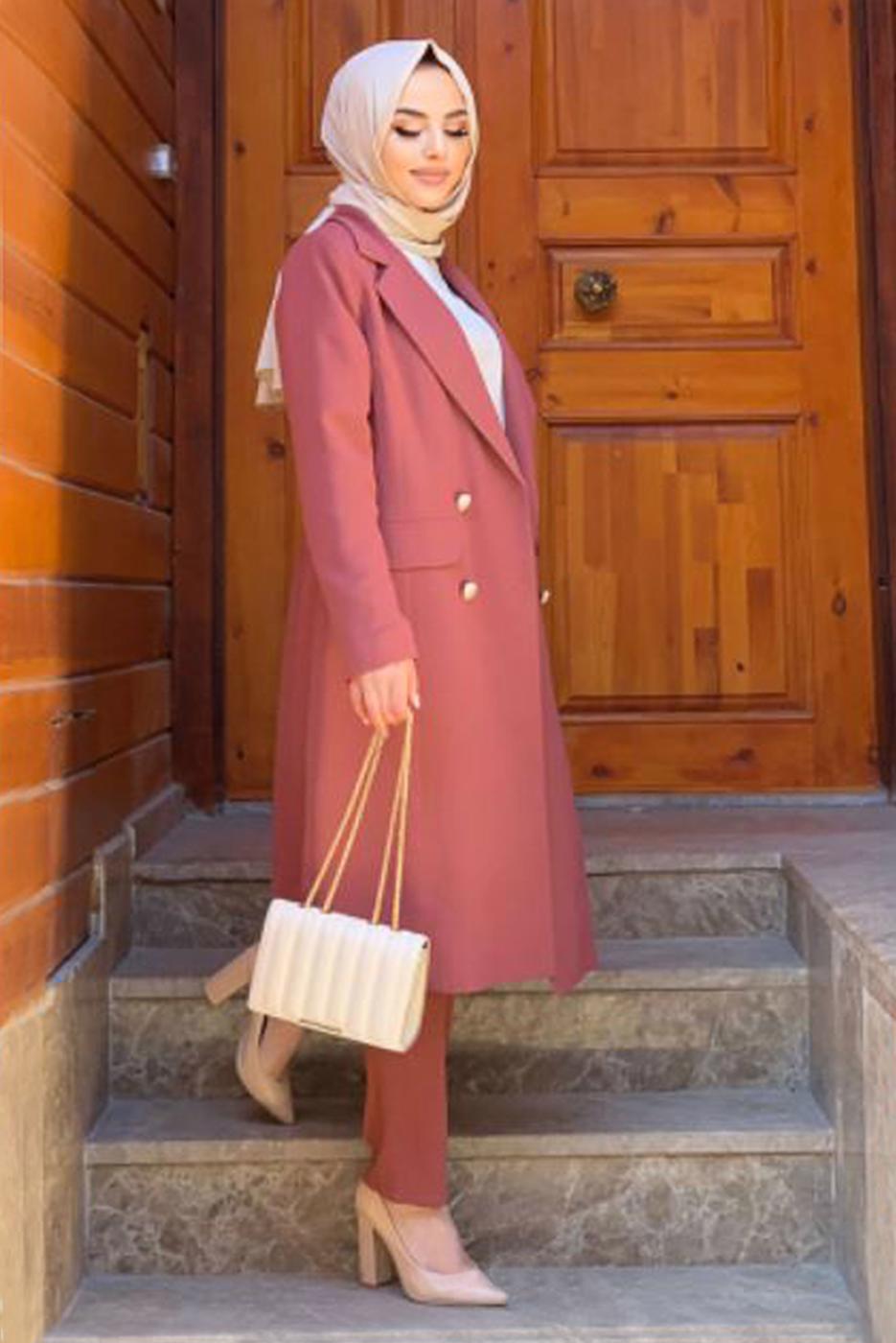 Tesettür giyim PEMBE DÜĞMELİ CEPLİ PANTOLONLU TAKIM T 7538