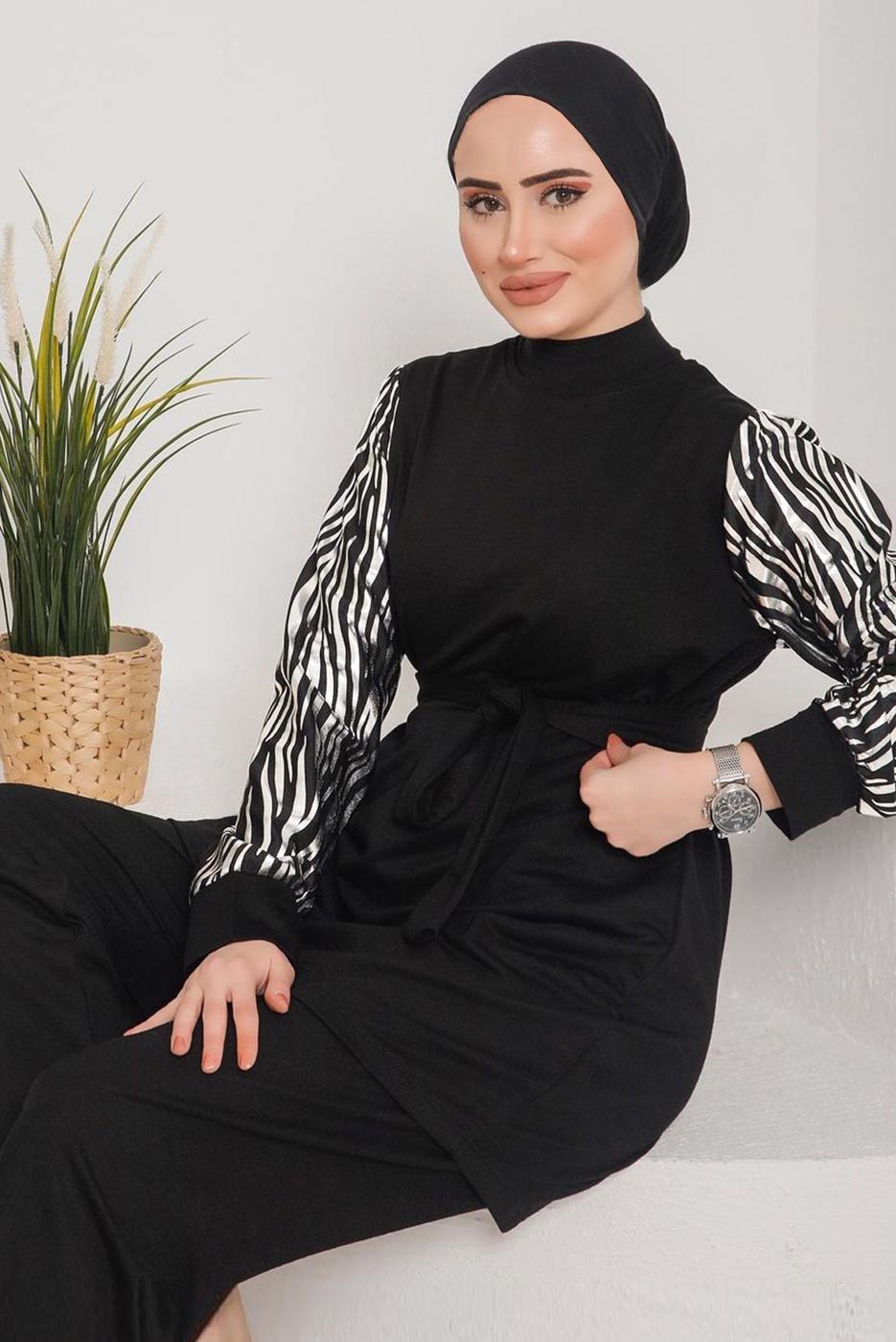 Tesettür giyim GÜMÜŞ KOLLARI ZEBRA DESENLİ İKİLİ PANT. TAKIM 7622 