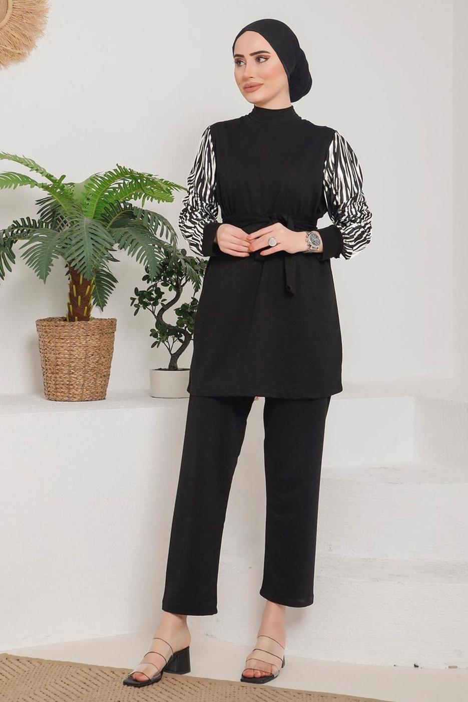Tesettür giyim GÜMÜŞ KOLLARI ZEBRA DESENLİ İKİLİ PANT. TAKIM 7622 