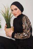 Tesettür giyim PEMBE KOLLARI ZEBRA DESENLİ İKİLİ PANT. TAKIM 7622 
