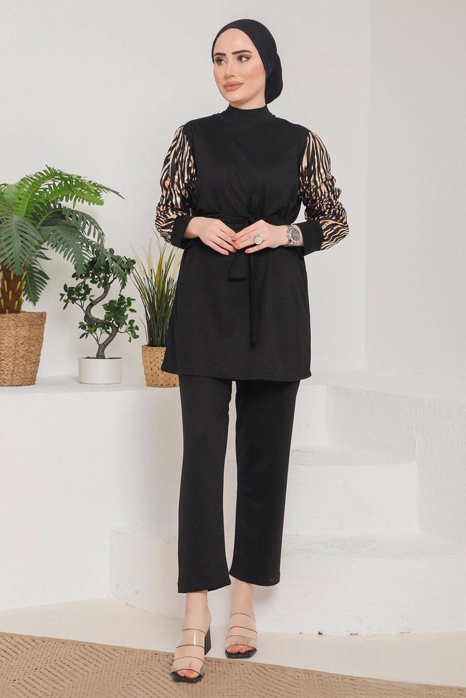 Tesettür giyim PEMBE KOLLARI ZEBRA DESENLİ İKİLİ PANT. TAKIM 7622 