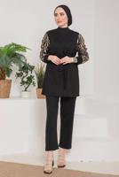 Tesettür giyim PEMBE KOLLARI ZEBRA DESENLİ İKİLİ PANT. TAKIM 7622 