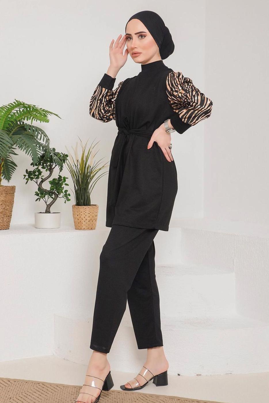 Tesettür giyim PEMBE KOLLARI ZEBRA DESENLİ İKİLİ PANT. TAKIM 7622 