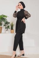 Tesettür giyim PEMBE KOLLARI ZEBRA DESENLİ İKİLİ PANT. TAKIM 7622 