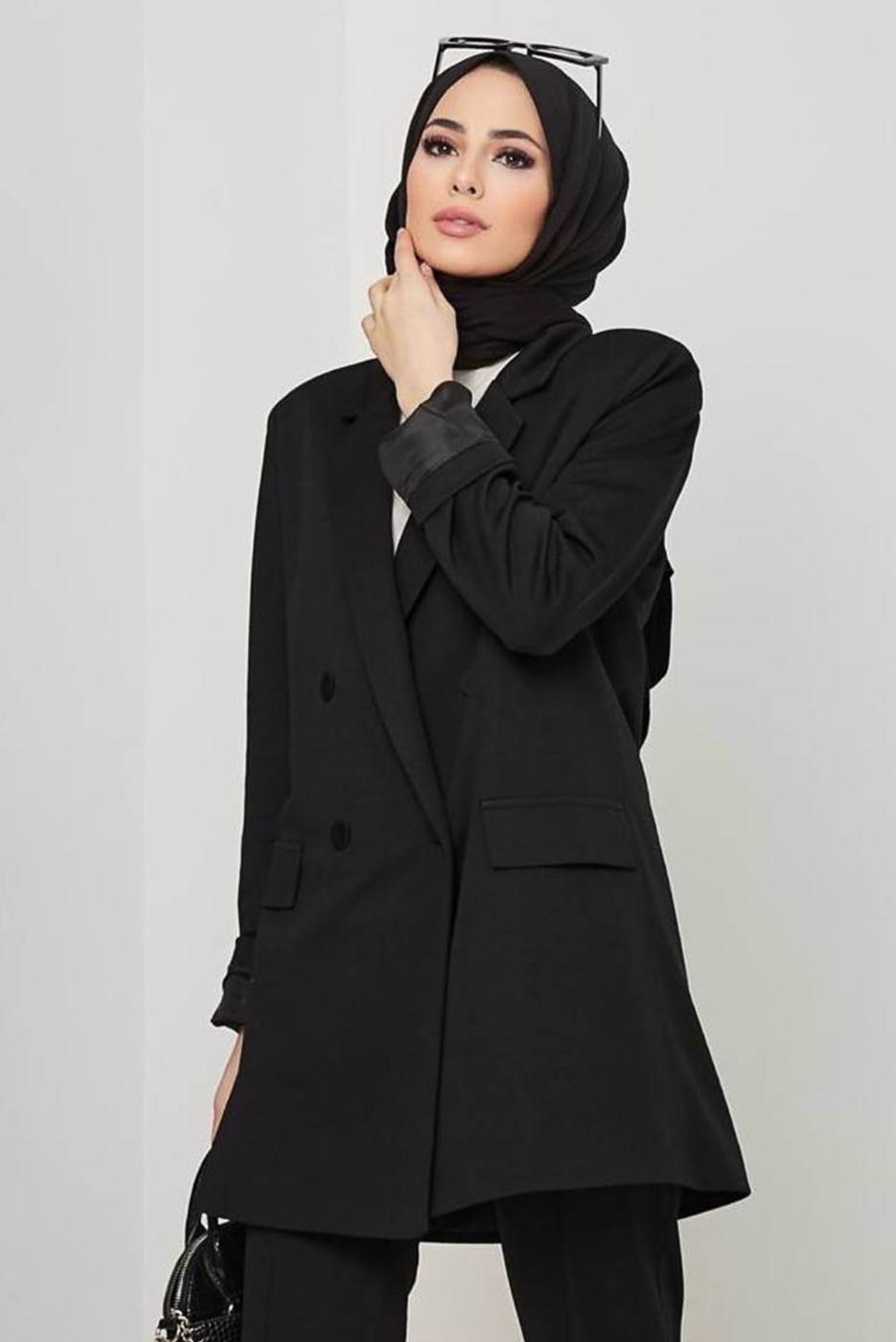 Tesettür giyim SİYAH KLASİK PANTOLONLU TAKIM 77051 