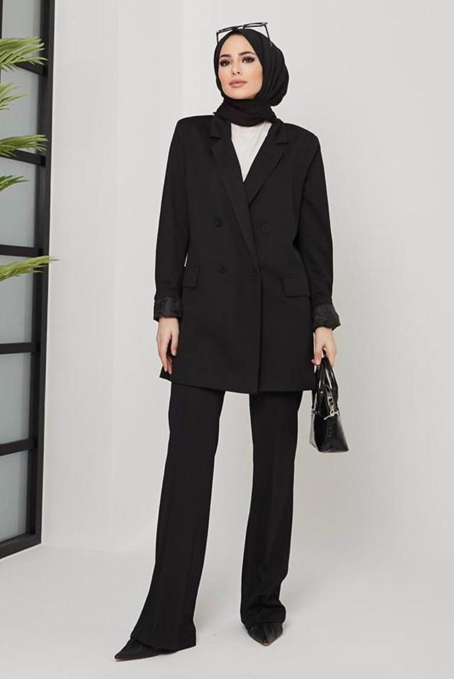 Tesettür giyim SİYAH KLASİK PANTOLONLU TAKIM 77051 