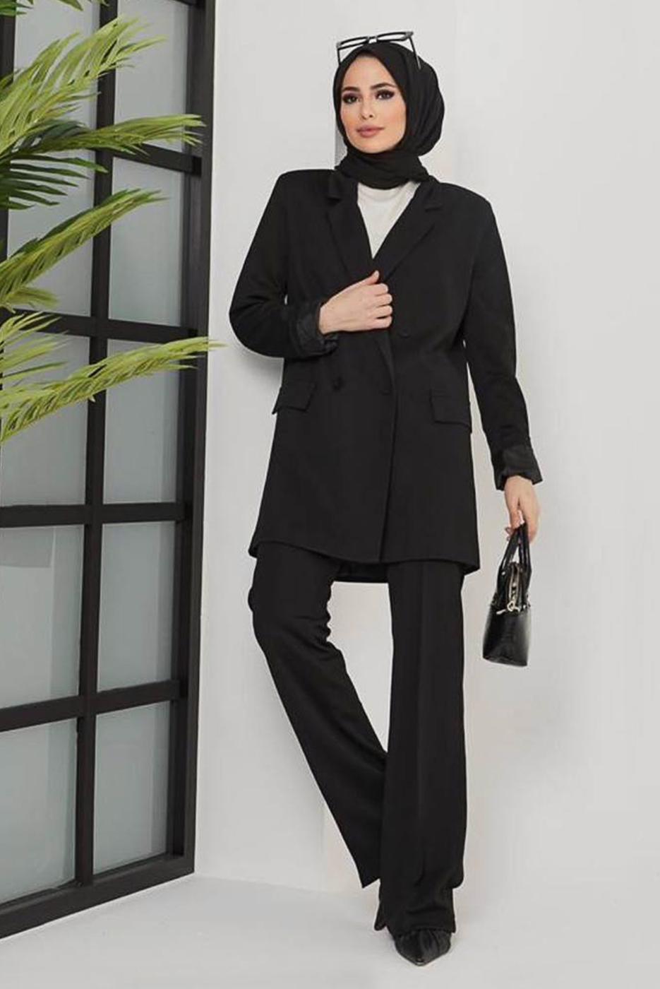Tesettür giyim SİYAH KLASİK PANTOLONLU TAKIM 77051 