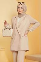 Tesettür giyim BEJ KLASİK PANTOLONLU TAKIM 77051 