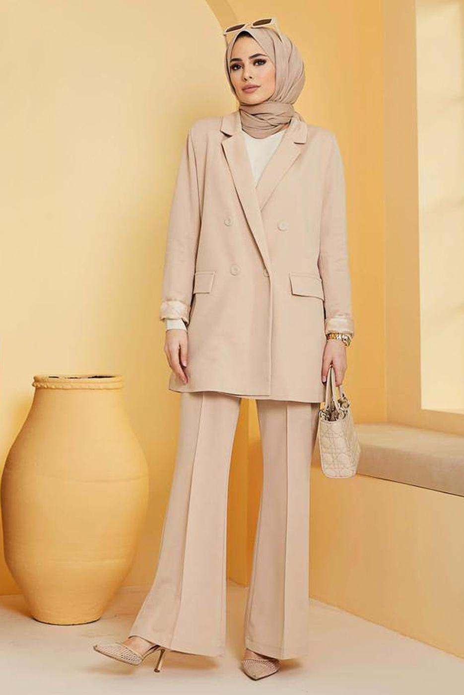 Tesettür giyim BEJ KLASİK PANTOLONLU TAKIM 77051 