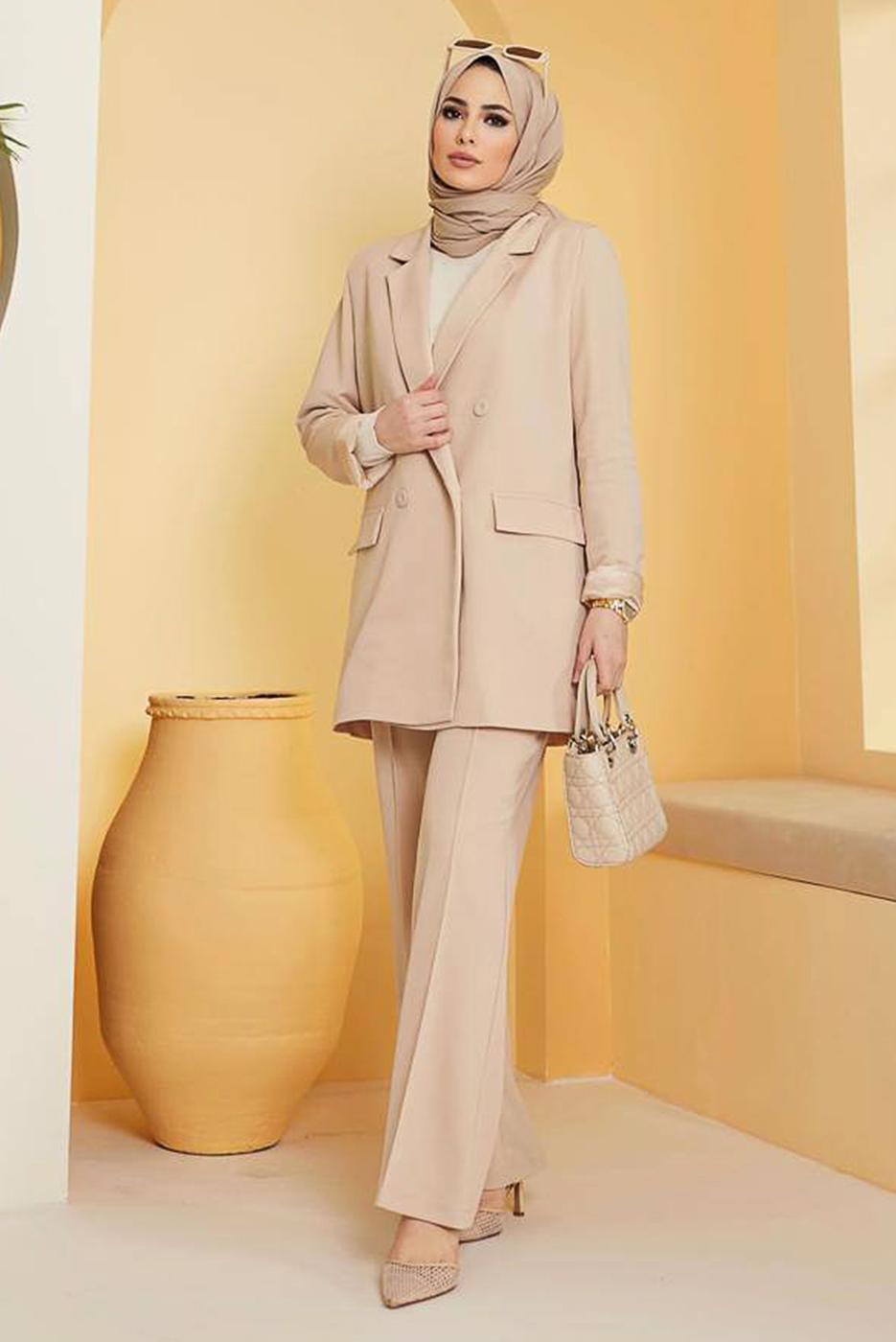 Tesettür giyim BEJ KLASİK PANTOLONLU TAKIM 77051 