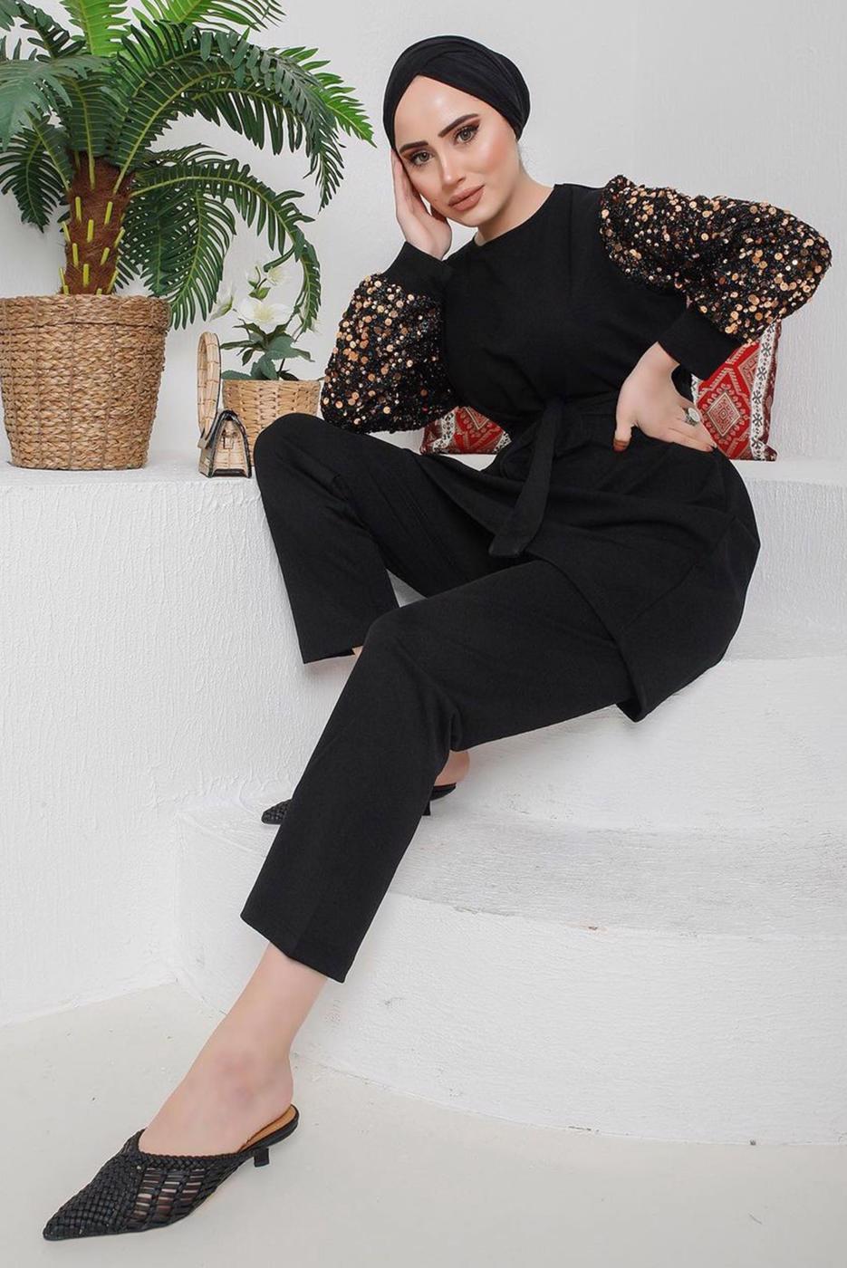 Tesettür giyim KAHVE KOLLARI PUL PAYETLİ KUŞAKLI PANT. TAKIM 7722 