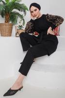 Tesettür giyim KAHVE KOLLARI PUL PAYETLİ KUŞAKLI PANT. TAKIM 7722 