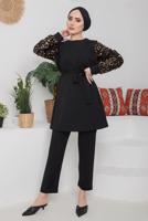 Tesettür giyim KAHVE KOLLARI PUL PAYETLİ KUŞAKLI PANT. TAKIM 7722 