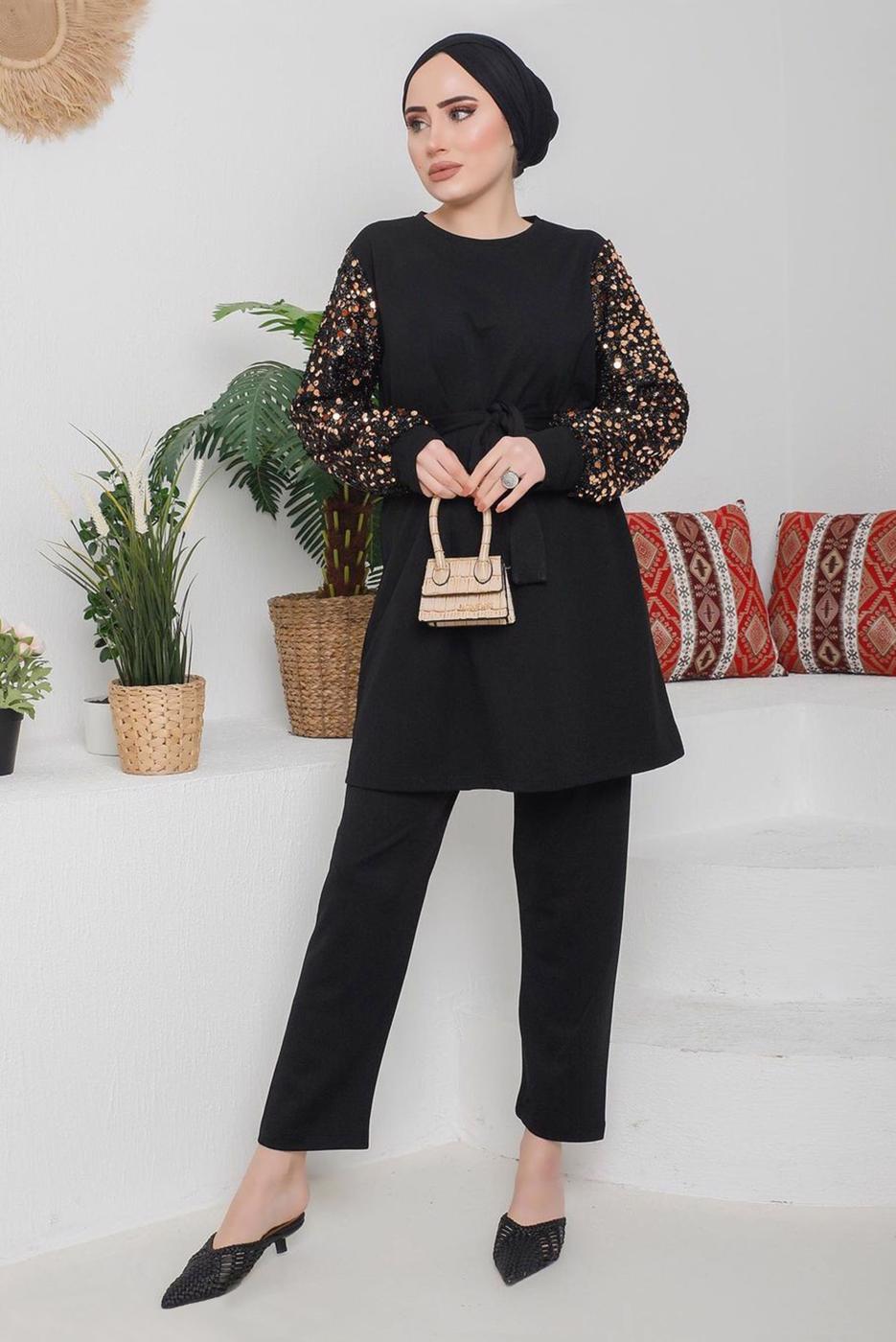 Tesettür giyim KAHVE KOLLARI PUL PAYETLİ KUŞAKLI PANT. TAKIM 7722 