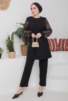Tesettür giyim KAHVE KOLLARI PUL PAYETLİ KUŞAKLI PANT. TAKIM 7722 