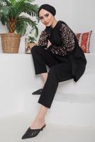 Tesettür giyim PEMBE KOLLARI PUL PAYETLİ KUŞAKLI PANT. TAKIM 7722 