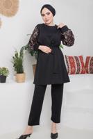 Tesettür giyim PEMBE KOLLARI PUL PAYETLİ KUŞAKLI PANT. TAKIM 7722 