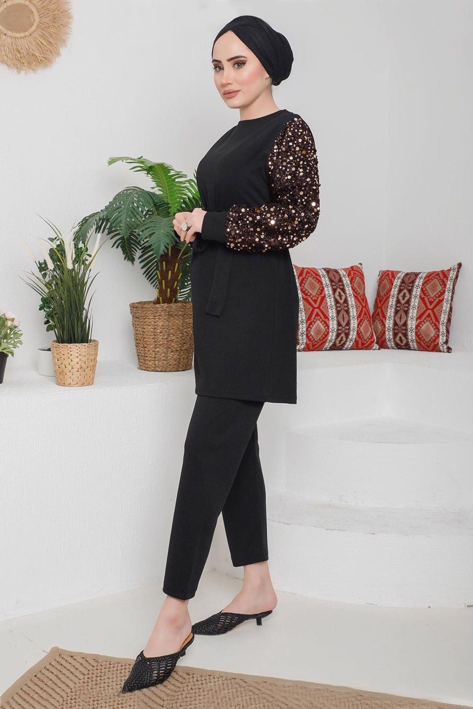 Tesettür giyim PEMBE KOLLARI PUL PAYETLİ KUŞAKLI PANT. TAKIM 7722 