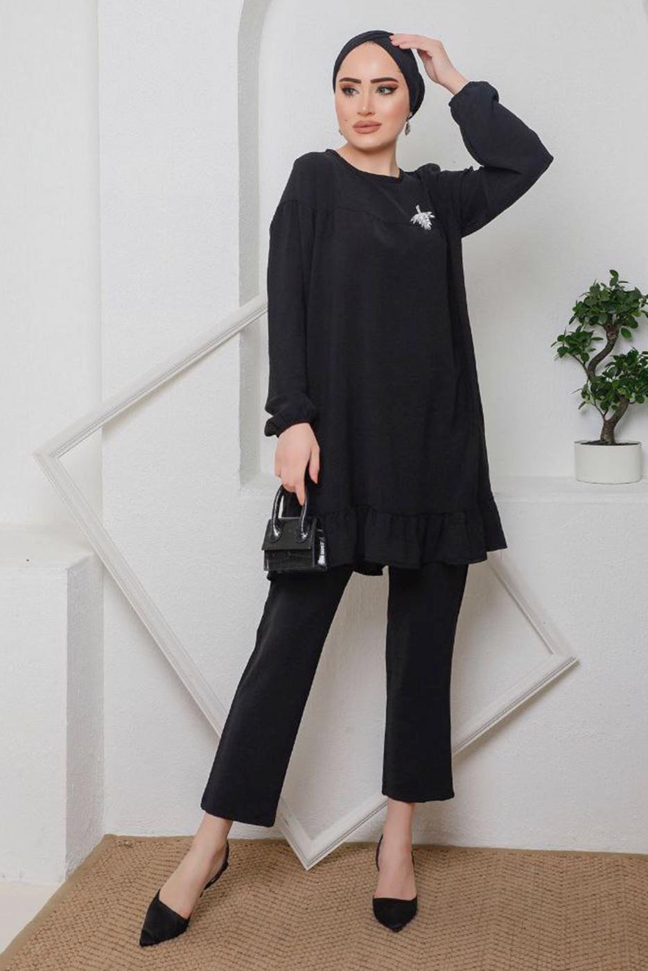 Tesettür giyim SİYAH ETEK UCU FIRFIRLI PANT. TAKIM 7742 
