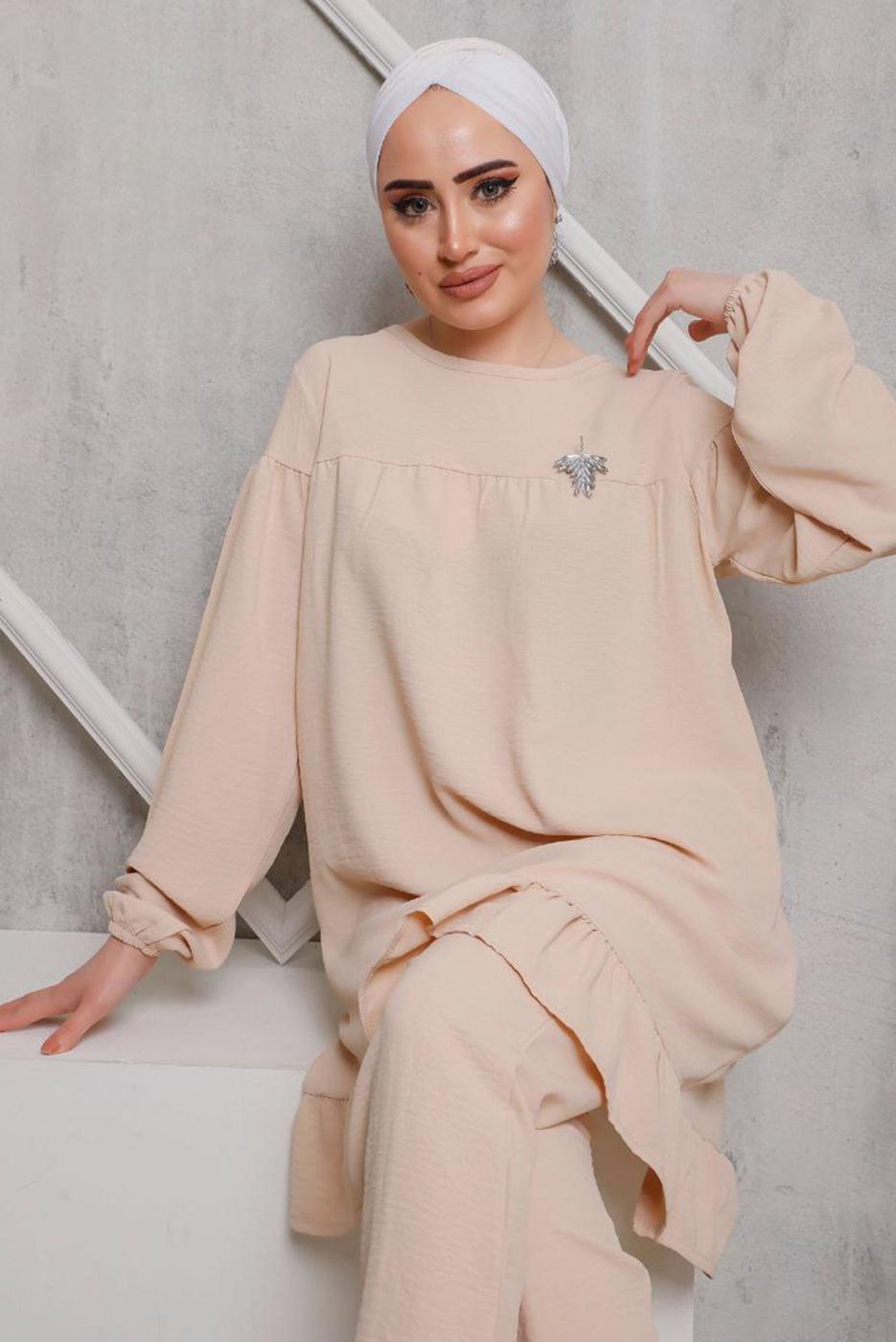 Tesettür giyim BEJ ETEK UCU FIRFIRLI PANT. TAKIM 7742 