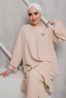 Tesettür giyim BEJ ETEK UCU FIRFIRLI PANT. TAKIM 7742 