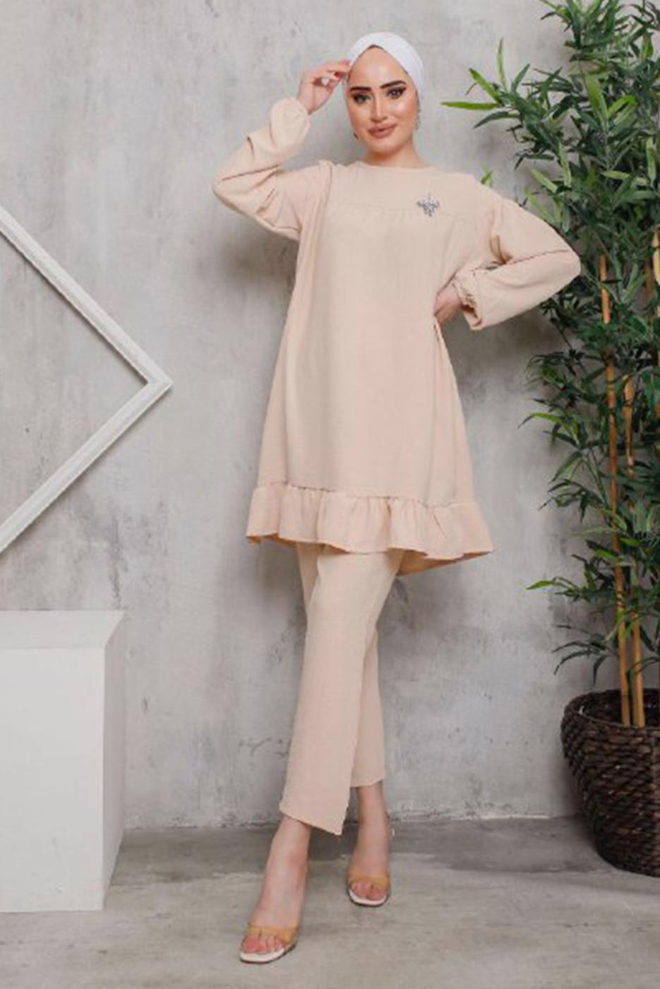 Tesettür giyim BEJ ETEK UCU FIRFIRLI PANT. TAKIM 7742 