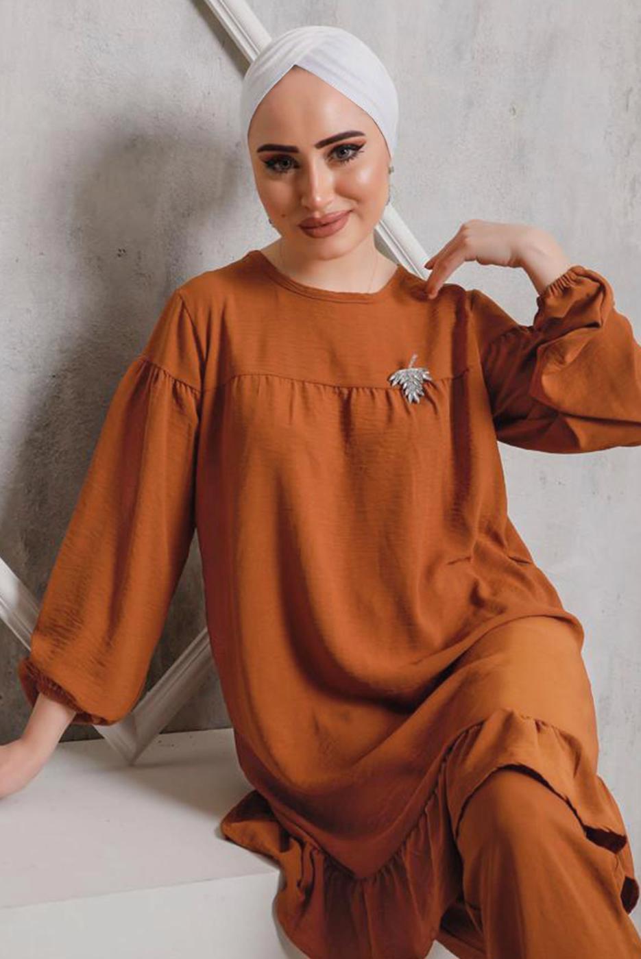 Tesettür giyim TABA ETEK UCU FIRFIRLI PANT. TAKIM 7742 