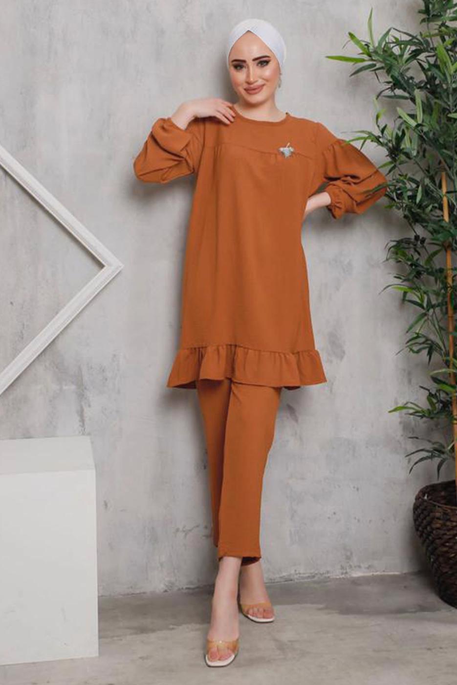 Tesettür giyim TABA ETEK UCU FIRFIRLI PANT. TAKIM 7742 