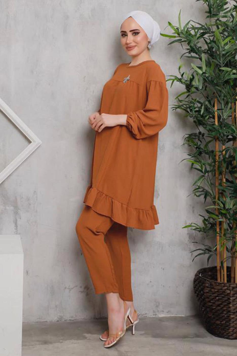 Tesettür giyim TABA ETEK UCU FIRFIRLI PANT. TAKIM 7742 