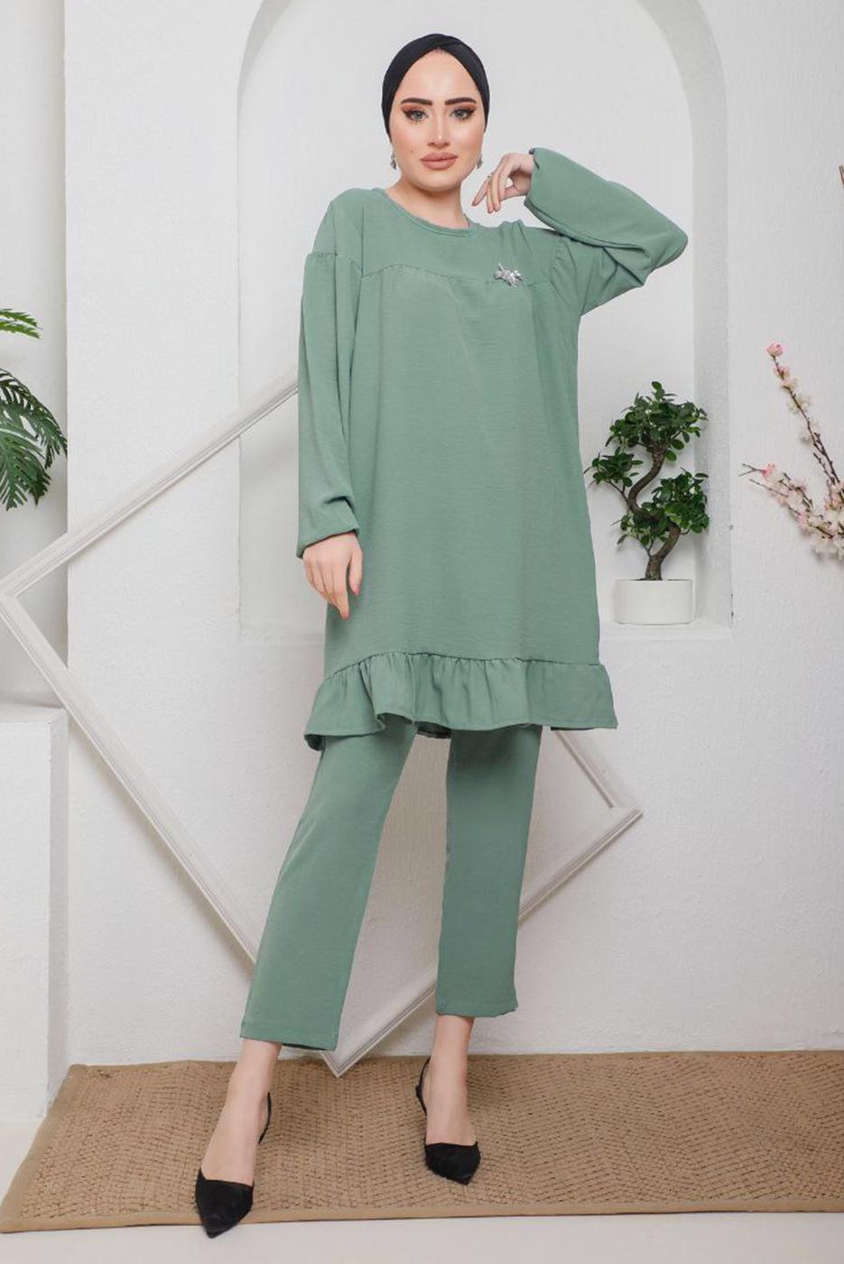 Tesettür giyim YEŞİL ETEK UCU FIRFIRLI PANT. TAKIM 7742 