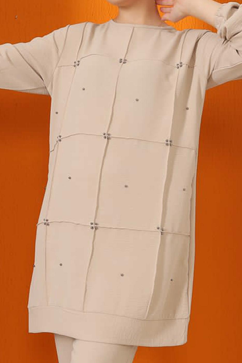 Tesettür giyim BEJ BONCUK DETAYLI PANTOLONLU TAKIM 7932 