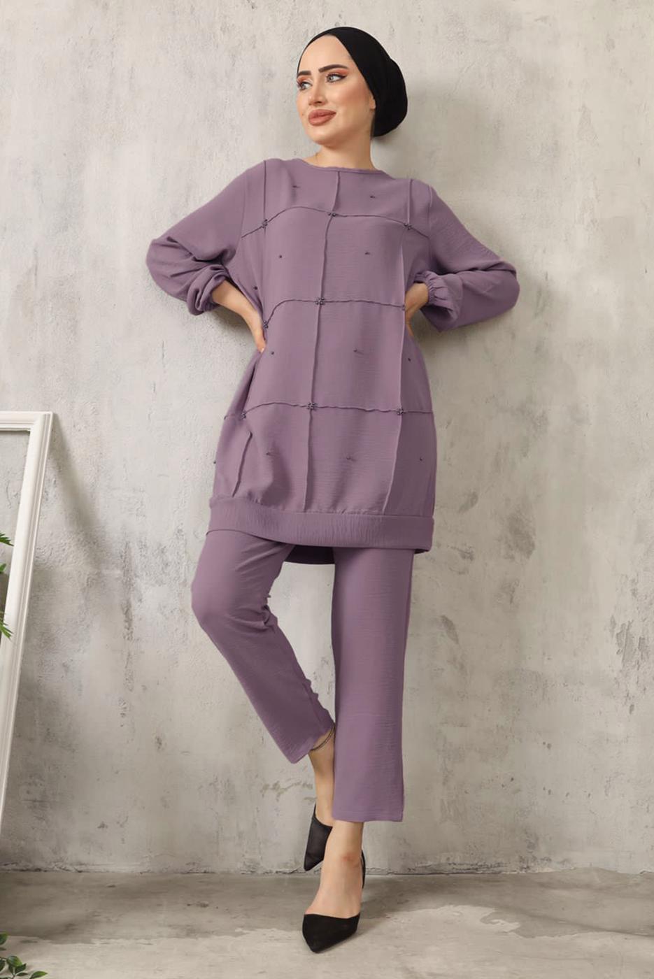Tesettür giyim MOR BONCUK DETAYLI PANTOLONLU TAKIM 7932 