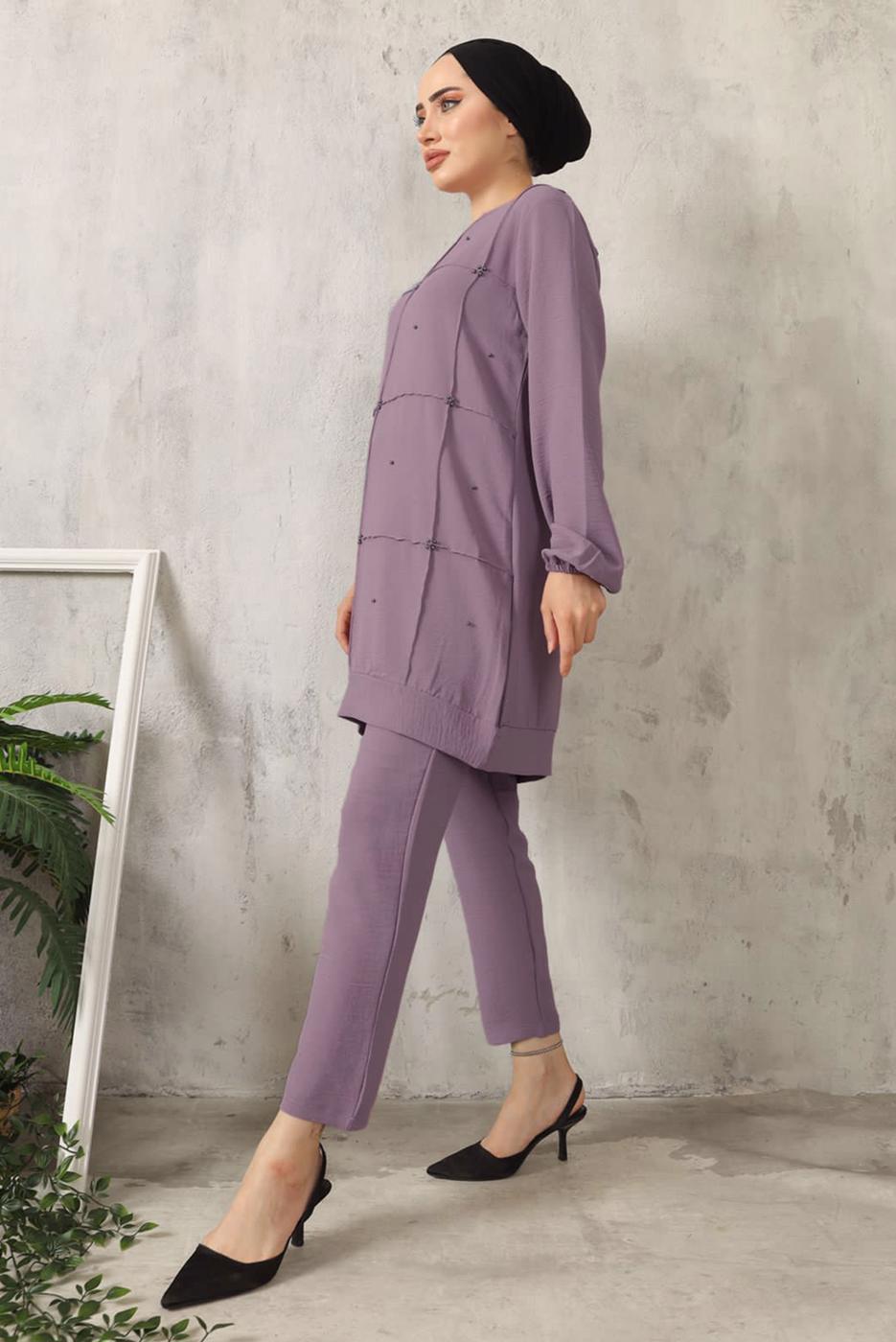 Tesettür giyim MOR BONCUK DETAYLI PANTOLONLU TAKIM 7932 