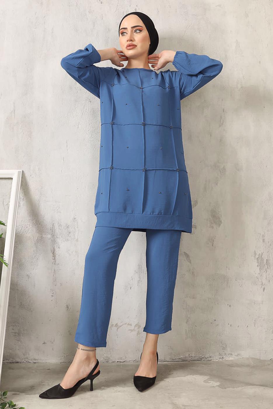 Tesettür giyim LACİVERT BONCUK DETAYLI PANTOLONLU TAKIM 7932 