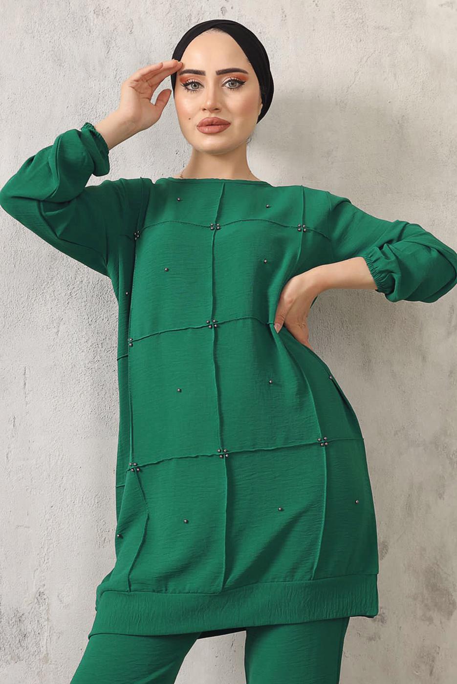 Tesettür giyim YEŞİL BONCUK DETAYLI PANTOLONLU TAKIM 7932 