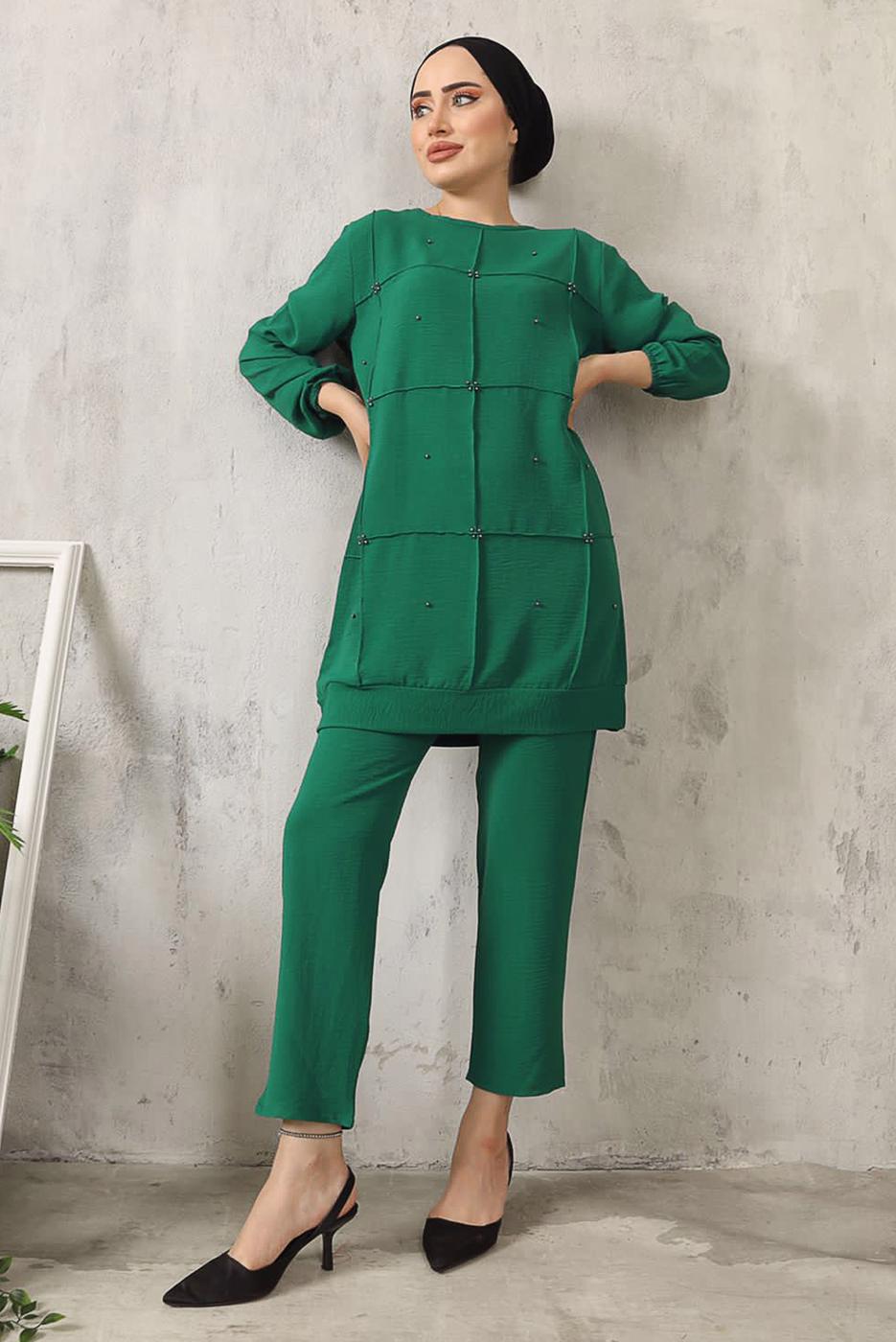 Tesettür giyim YEŞİL BONCUK DETAYLI PANTOLONLU TAKIM 7932 