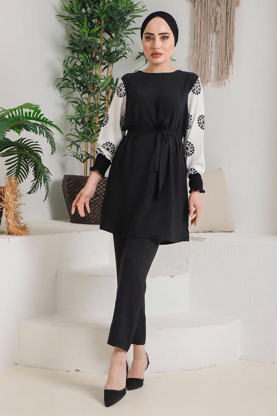 Tesettür giyim SİYAH KOLLARI DESENLİ PANT. TAKIM 7942 