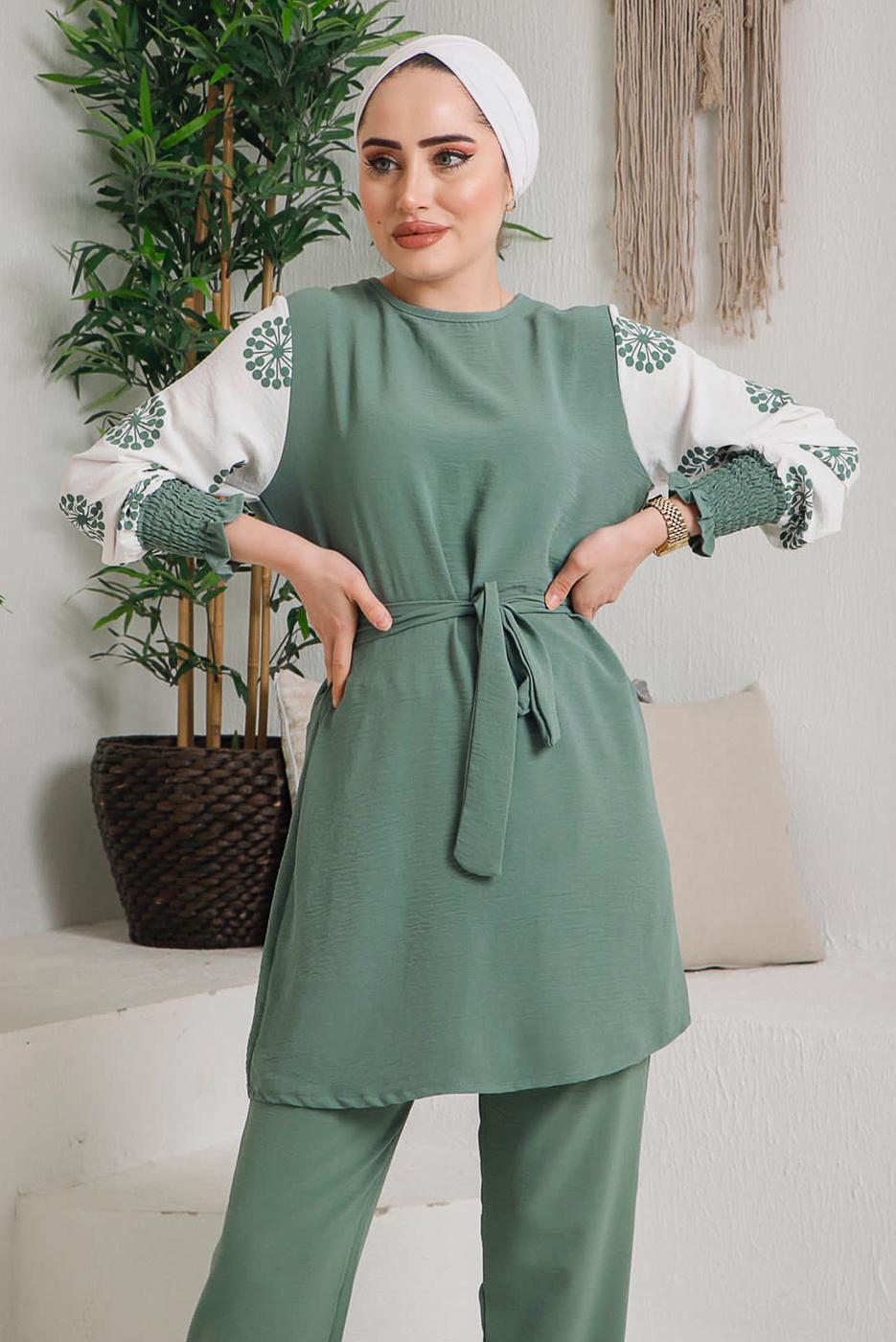 Tesettür giyim YEŞİL KOLLARI DESENLİ PANT. TAKIM 7942 