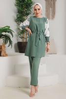 Tesettür giyim YEŞİL KOLLARI DESENLİ PANT. TAKIM 7942 
