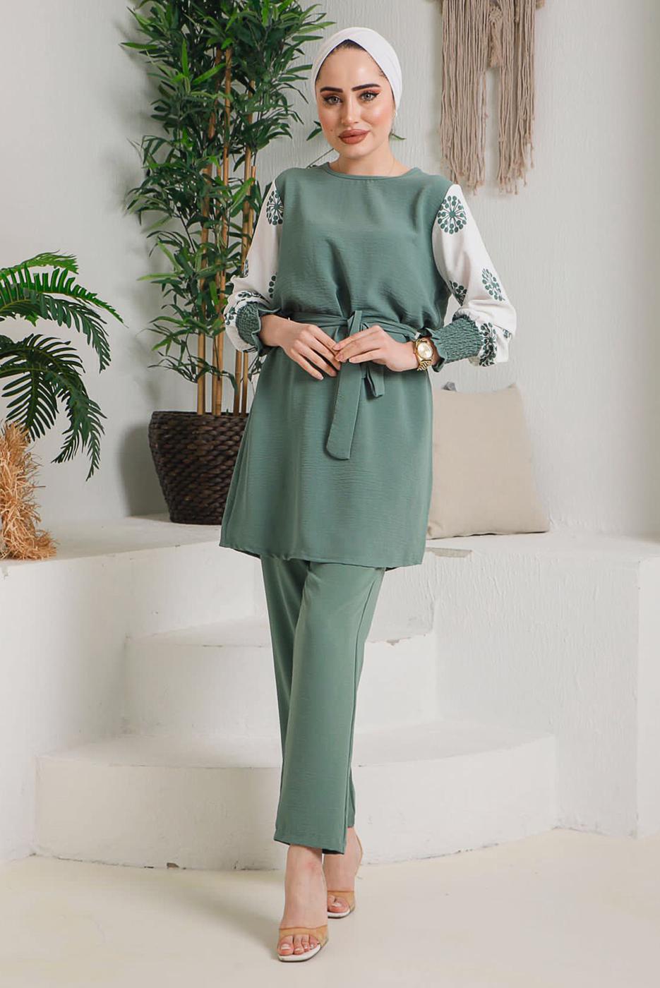 Tesettür giyim YEŞİL KOLLARI DESENLİ PANT. TAKIM 7942 