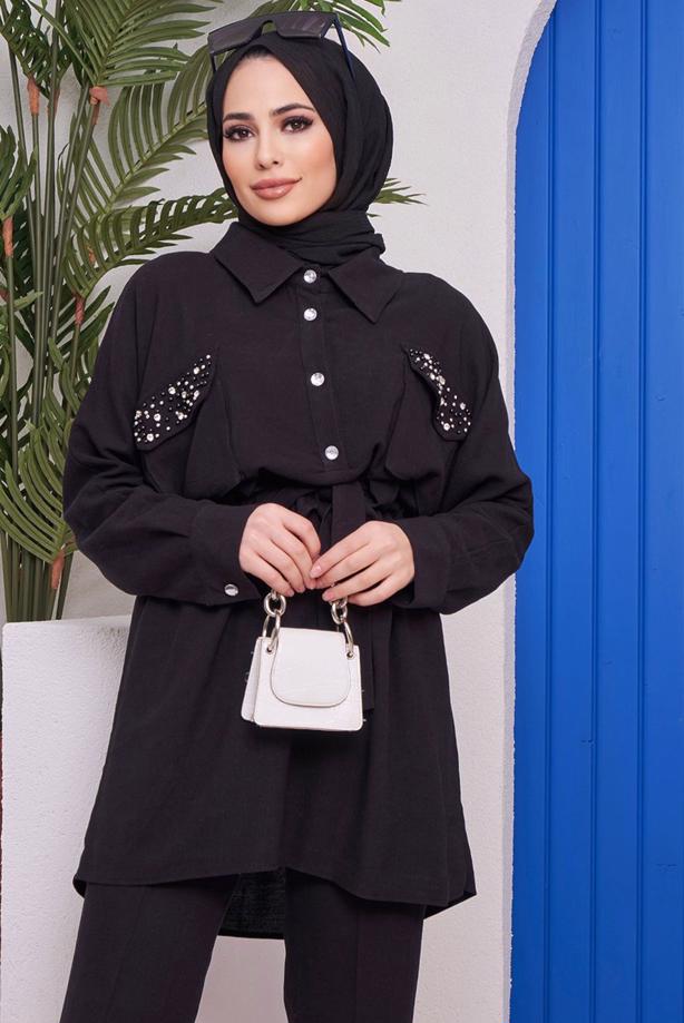 Vêtements hijab  SMOCKING DETAIL 2-PIECE PANTS SUIT WITH BEADED POCKET 80051  - TRENDTESETTÜR