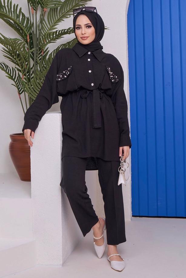 Vêtements hijab  SMOCKING DETAIL 2-PIECE PANTS SUIT WITH BEADED POCKET 80051  - TRENDTESETTÜR