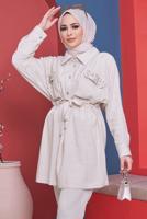 Tesettür giyim BEJ CEPLERİ BONCUK İŞLEMELİ BELİ BÜZGÜLÜ İKİLİ PANT. TAKIM 80051