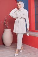 Tesettür giyim BEJ CEPLERİ BONCUK İŞLEMELİ BELİ BÜZGÜLÜ İKİLİ PANT. TAKIM 80051