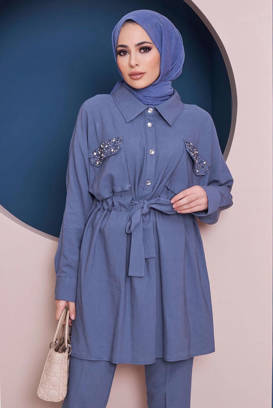 Tesettür giyim LACİVERT CEPLERİ BONCUK İŞLEMELİ BELİ BÜZGÜLÜ İKİLİ PANT. TAKIM 80051