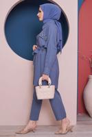 Tesettür giyim LACİVERT CEPLERİ BONCUK İŞLEMELİ BELİ BÜZGÜLÜ İKİLİ PANT. TAKIM 80051