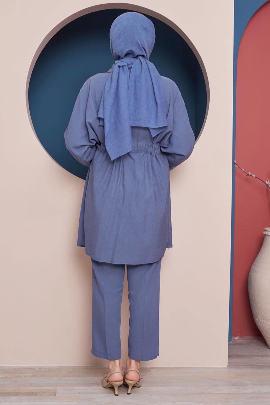 Tesettür giyim LACİVERT CEPLERİ BONCUK İŞLEMELİ BELİ BÜZGÜLÜ İKİLİ PANT. TAKIM 80051